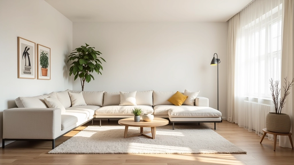 Modern living room with furniture arranged to create distinct zones, open floor plan, good flow between spaces