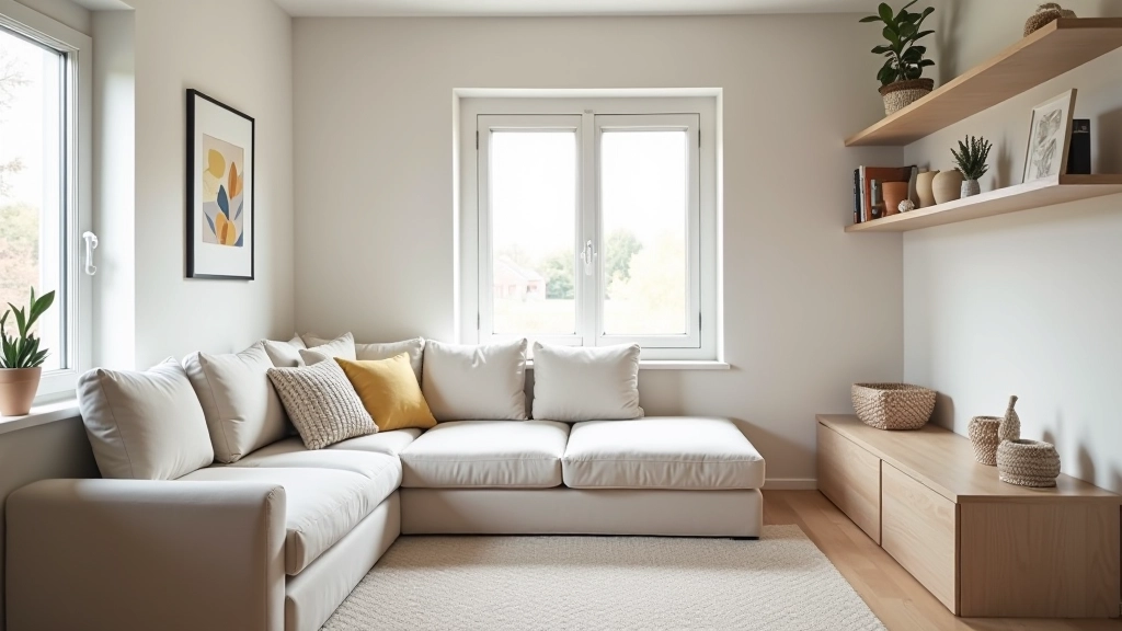 Small living room with multi-functional furniture and clever storage solutions, light and airy feel