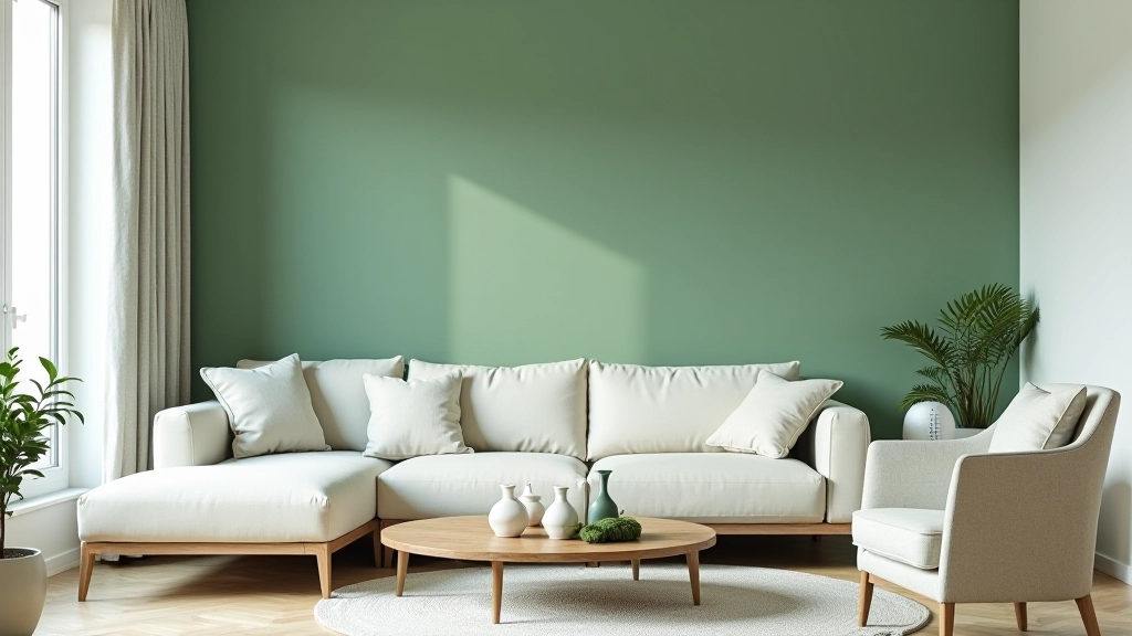 Modern living room with sage green accent wall, creating a calming focal point against neutral furniture