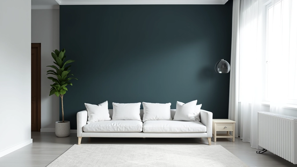 Before and after comparison of living room with white wall transformed into deep charcoal accent wall