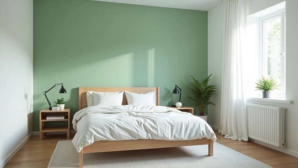 Room with freshly painted accent wall in sage green color, modern furniture, natural window light