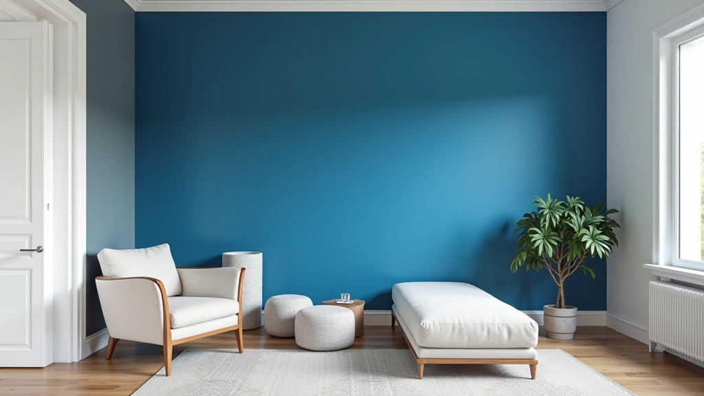 Bright living room with fresh accent wall in warm color, modern furniture, natural lighting