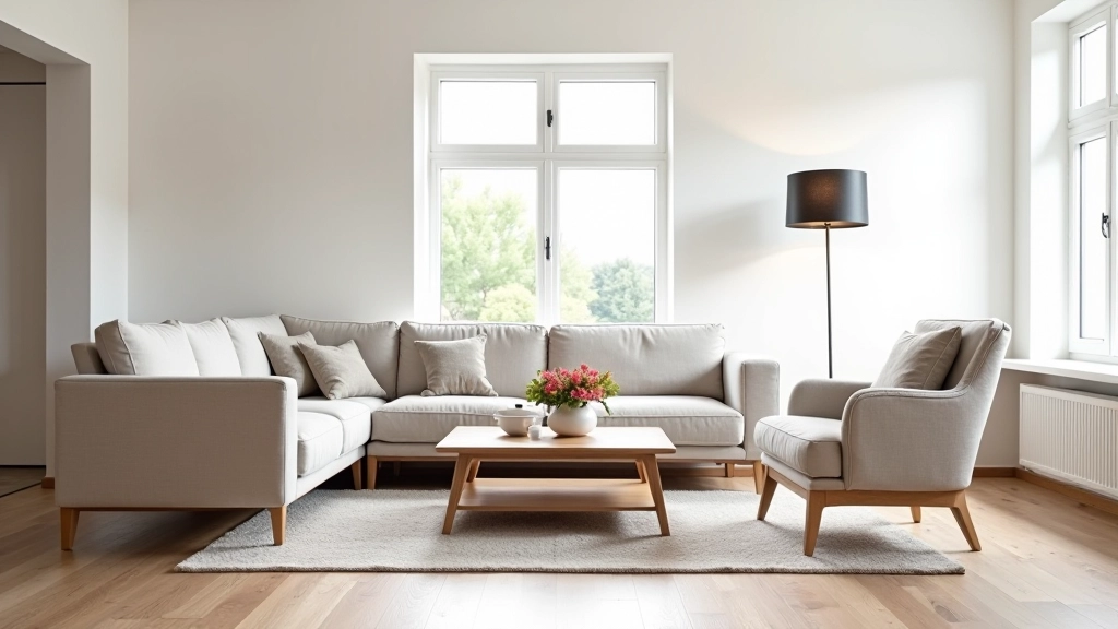 Living room furniture arrangement showing floating furniture away from walls, creating distinct zones and open pathways