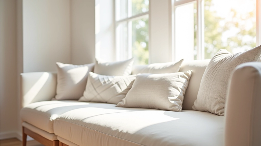 Modern living room with Latvian linen cushions on sofa, traditional patterns mixed with neutral furniture