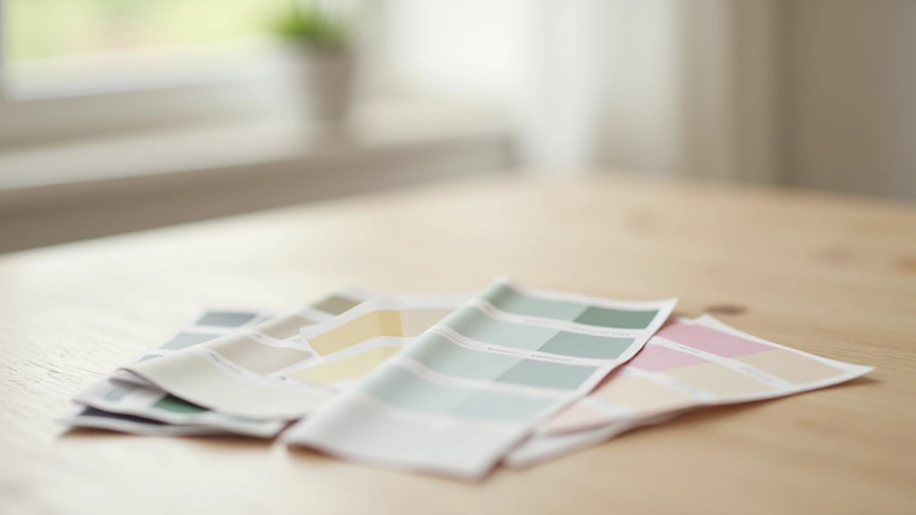 Close-up of paint swatches in various jewel tones and neutrals arranged on wooden surface