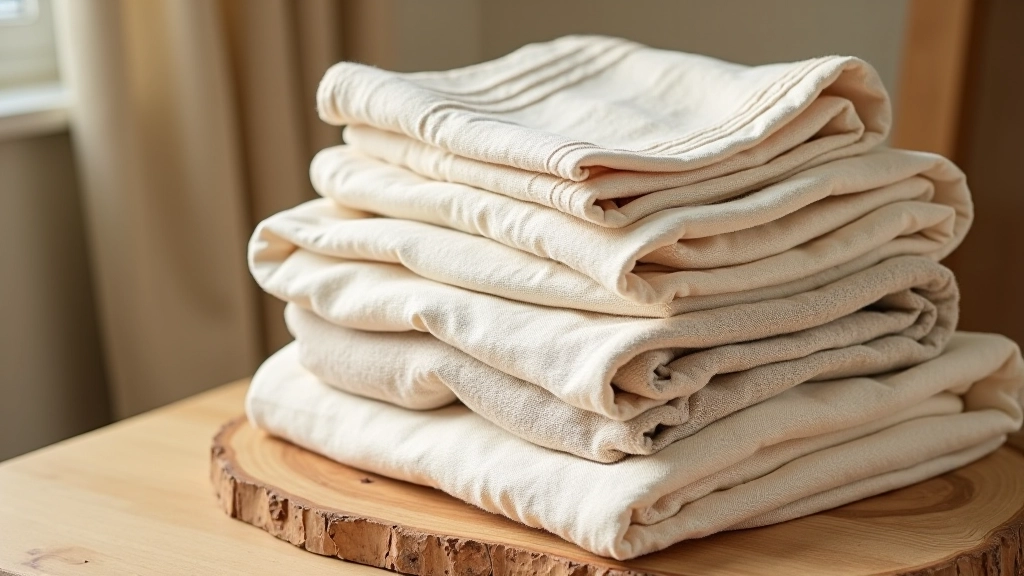Folded Latvian linen textiles in natural colors on wooden shelf
