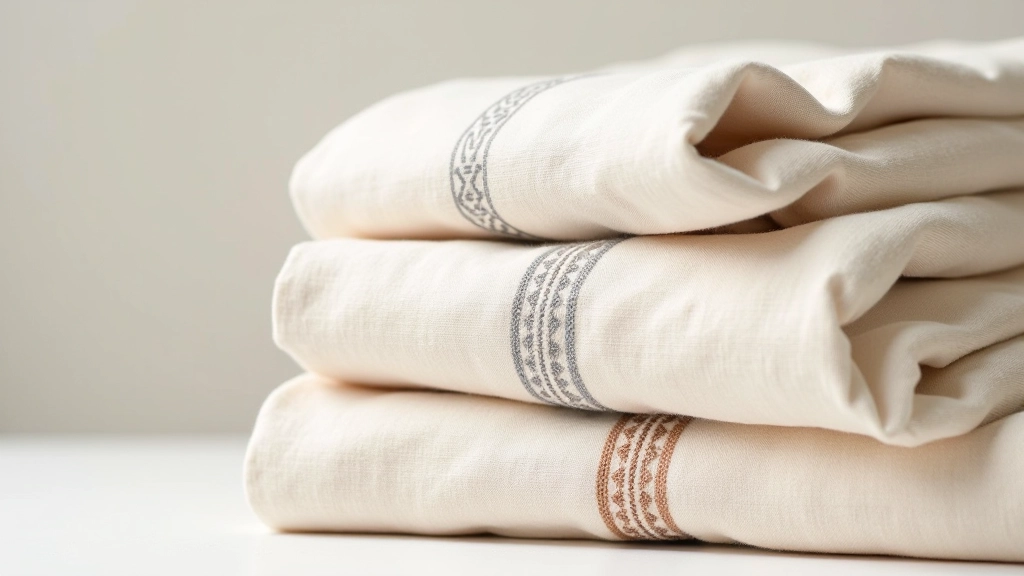 Stack of folded natural linen textiles in neutral tones, showing texture and quality