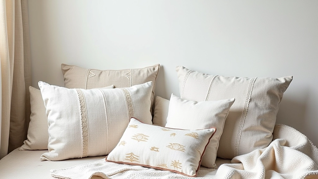 Collection of Latvian linen cushions and throws in various traditional patterns and neutral colors arranged together